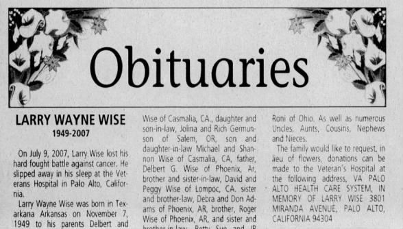 Obituary for LARRY WAYNE WISE, 1949-2007
